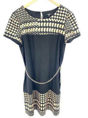 MSK Houndstooth Black Tan Dress with Chain Belt Size 16
